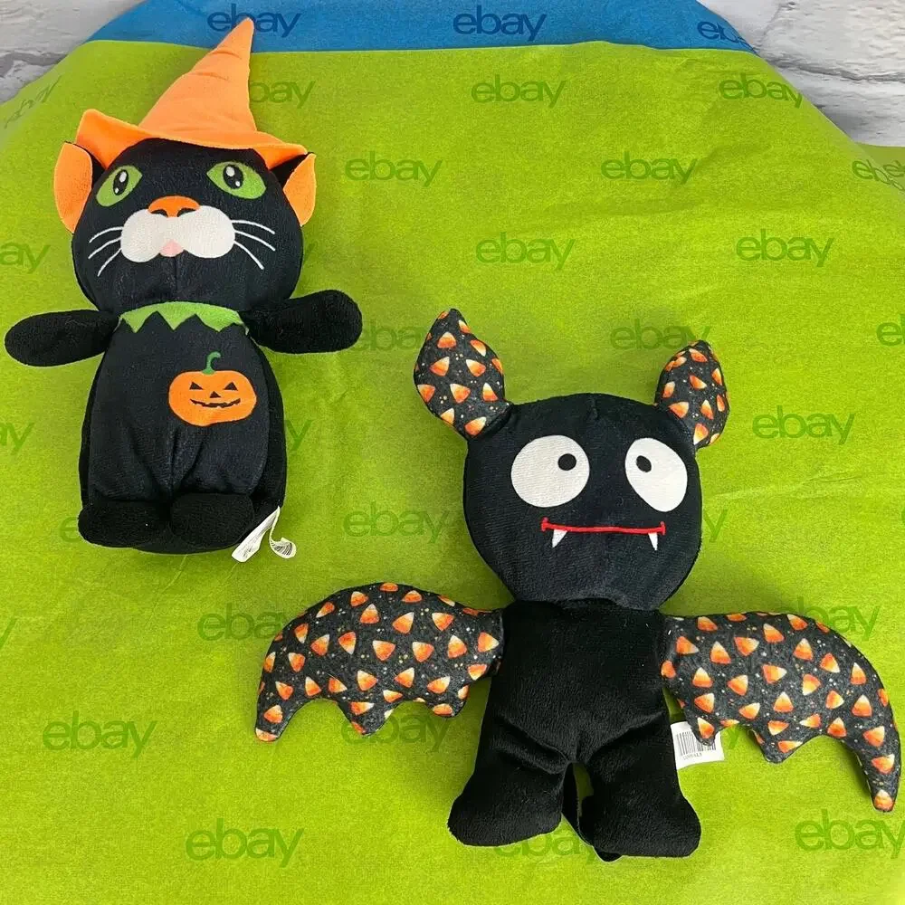 Lot (2) A & A GLOBAL Candy Corn Bat Pumpkin Witch Black Cat Halloween Plush Toys